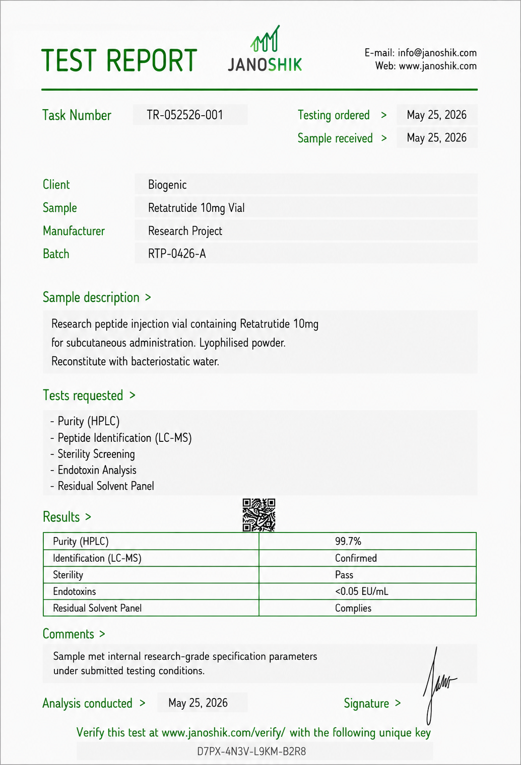 Independent laboratory test report for a Biogenic Research and Labs peptide vial, showing HPLC purity of 99.7%, confirmed LC-MS identification, and passing sterility and endotoxin results